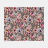 バーガンディーピンクブルーフローラガーランドウォーター色ブラウン フリースブランケット (正面(横))