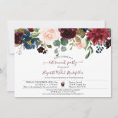 バーガンディーピンクブルーフローラ写真定年パーティー 招待状 (正面)