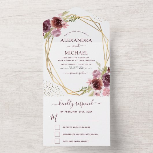 バーガンディーピンクモダン幾何学的フローラ結婚式RSVP オールインワン招待状 (内側)