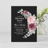 バーガンディーピンクローズエレガントフローラバースデーパーティー 招待状 (スタンド正面)