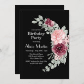 バーガンディーピンクローズエレガントフローラバースデーパーティー 招待状 (正面/裏面)