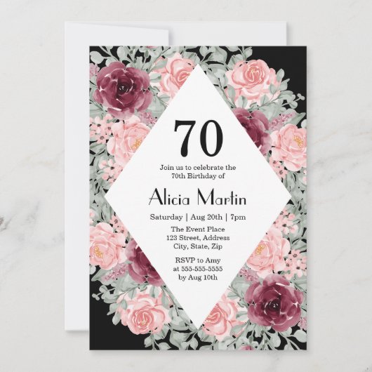 バーガンディーピンクローズグリーン70誕生日 招待状 (正面)