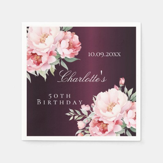 バーガンディーピンクローズ花模様エレガント誕生日 スタンダードカクテルナプキン (正面)