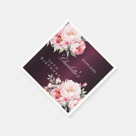 バーガンディーピンクローズ花模様エレガント誕生日 スタンダードカクテルナプキン (角)