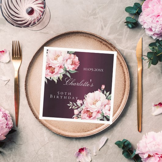 バーガンディーピンクローズ花模様エレガント誕生日 スタンダードカクテルナプキン