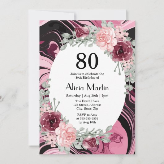 バーガンディーピンクローゼフローラフローラマーブルフュール誕生日 招待状 (正面)