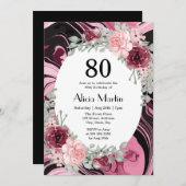 バーガンディーピンクローゼフローラフローラマーブルフュール誕生日 招待状 (正面/裏面)
