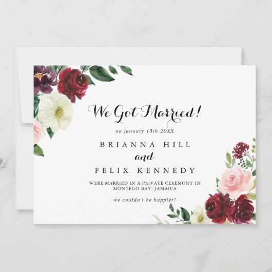 バーガンディーピンク春フローラ書道駆け落ち 案内状 (正面)