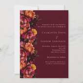 バーガンディーピンク桃フローラ結婚式RSVP 招待状 (正面)