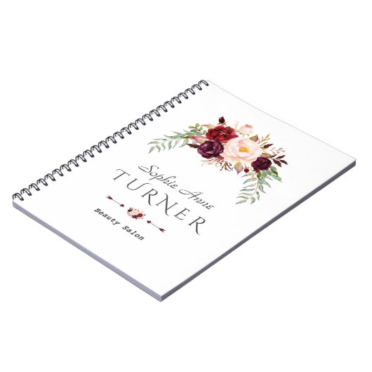 バーガンディーピンク水彩フローラメイクアップアーティスト ノートブック (左側)