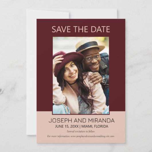バーガンディーピンク結婚ク4写真救の日救付付 セーブザデート (正面)