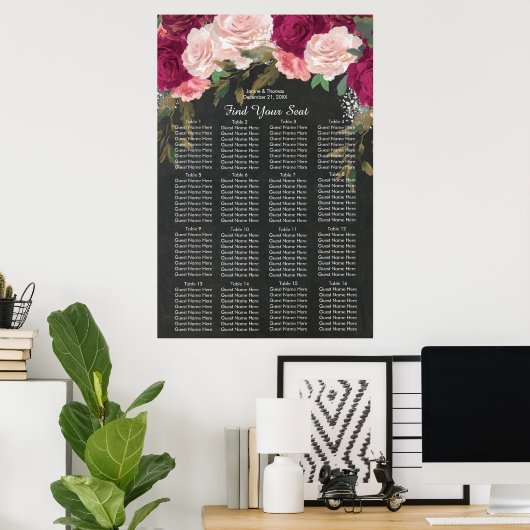 バーガンディーピンク結婚フローラのシーティングチャート ポスター (ホームオフィス)