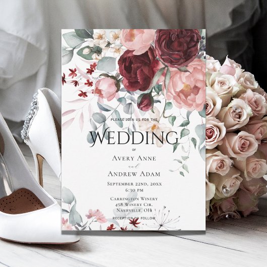 バーガンディーピンク結婚フローラ 招待状