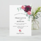 バーガンディーピンク花模様の緑のエレガントな結婚式 招待状 (スタンド正面)