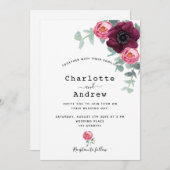 バーガンディーピンク花模様の緑のエレガントな結婚式 招待状 (正面/裏面)