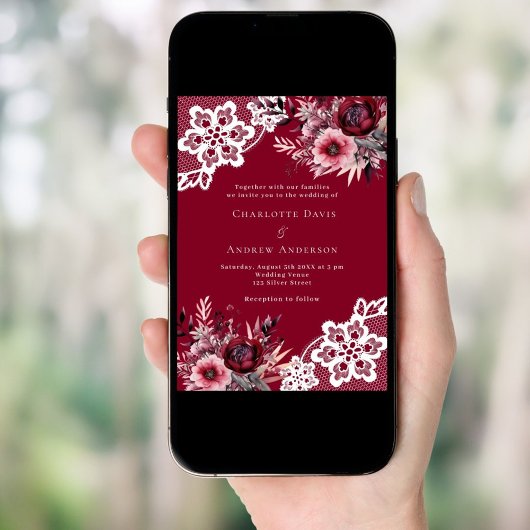 バーガンディーピンク花模様ホワイトレース結婚ズ 招待状