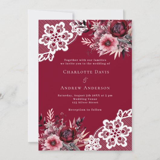 バーガンディーピンク花模様ホワイトレース結婚ズ 招待状 (正面)
