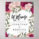 バーガンディーピンク花模様結婚のウェルカムサインのポスター ポスター (正面)