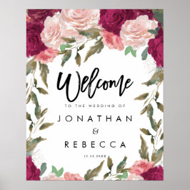 バーガンディーピンク花模様結婚のウェルカムサインのポスター ポスター