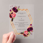 バーガンディーピンク花模様金ゴールド幾何学模様結婚ボホの アクリル招待状 (インサイチュ (ポータブル))