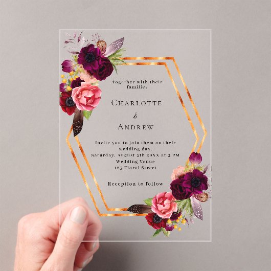 バーガンディーピンク花模様金ゴールド幾何学模様結婚ボホの アクリル招待状 (インサイチュ (ポータブル))