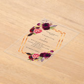 バーガンディーピンク花模様金ゴールド幾何学模様結婚ボホの アクリル招待状 (レイダウン)