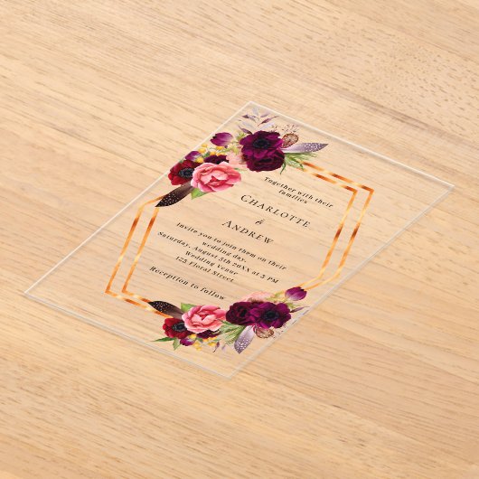 バーガンディーピンク花模様金ゴールド幾何学模様結婚ボホの アクリル招待状 (レイダウン)