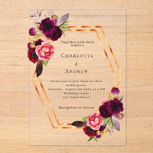 バーガンディーピンク花模様金ゴールド幾何学模様結婚ボホの アクリル招待状 (正面)