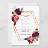バーガンディーピンク花模様金ゴールド幾何学模様結婚ボホの 招待状 (正面)