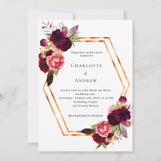 バーガンディーピンク花模様金ゴールド幾何学模様結婚ボホの 招待状 (正面)