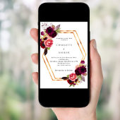 バーガンディーピンク花模様金ゴールド幾何学模様結婚ボホの 招待状