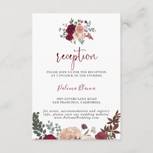 バーガンディーピンク赤面フローラウェディングレセプション エンクロージャーカード (正面)