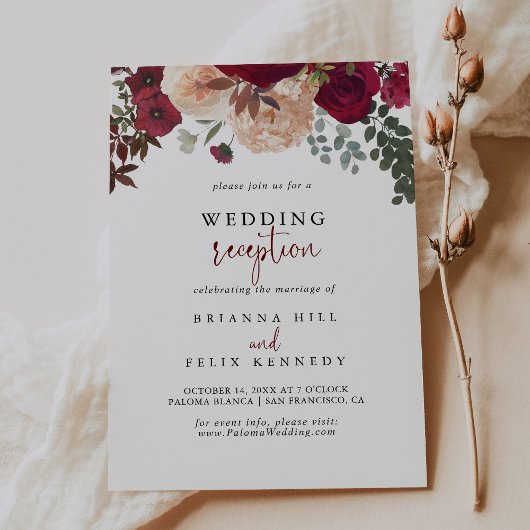 バーガンディーピンク赤面フローラウェディングレセプション 招待状