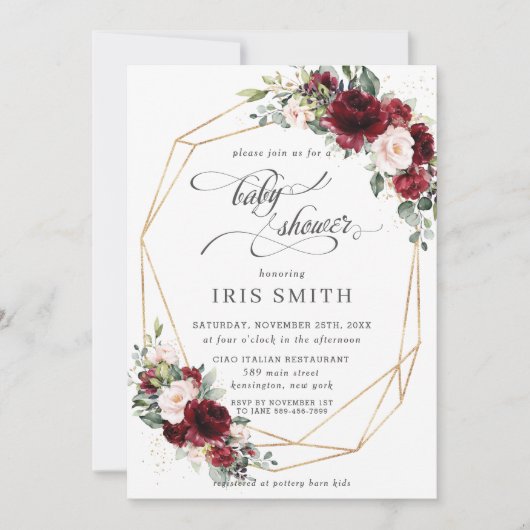バーガンディーピンク赤面フローラベビーシャワー幾何学模様 招待状 (正面)