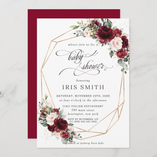 バーガンディーピンク赤面フローラベビーシャワー幾何学模様 招待状 (正面/裏面)
