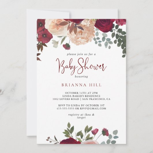 バーガンディーピンク赤面フローラベビーシャワー 招待状 (正面)