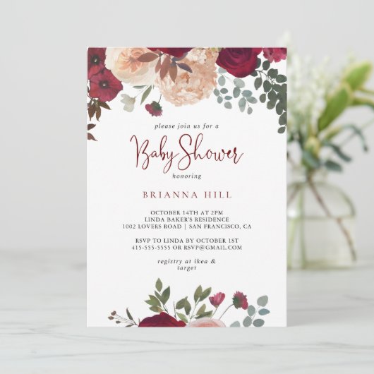 バーガンディーピンク赤面フローラベビーシャワー 招待状 (スタンド正面)
