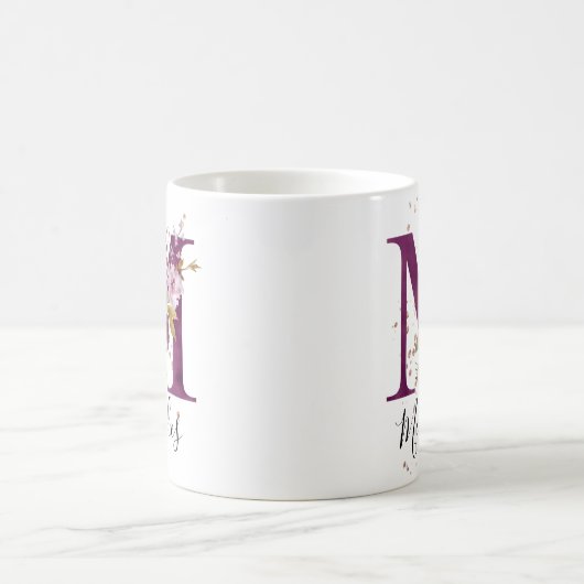 バーガンディーピンク赤面フローラレターMモノグラム コーヒーマグカップ (中央)