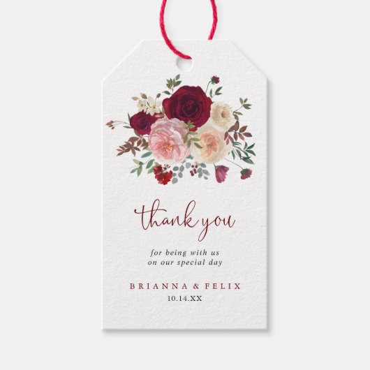 バーガンディーピンク赤面フローラ結婚ズサンキュー ギフトタグ (正面)