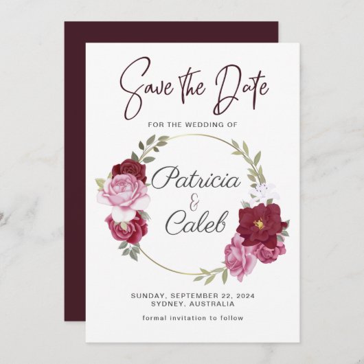 バーガンディーピンク赤面レッドローゼフレーム日付を保存 (正面/裏面)