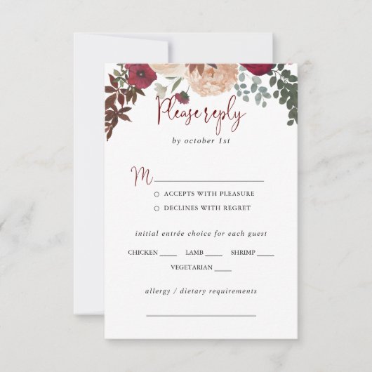 バーガンディーピンク赤面結婚フローラのメニュー選択 出欠カード (正面)