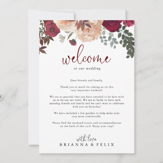 バーガンディーピンク赤面結婚フローラの歓迎レター (正面)