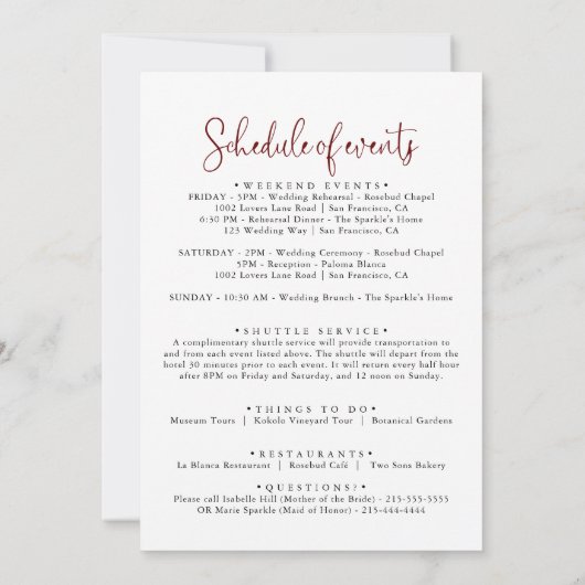 バーガンディーピンク赤面結婚フローラの歓迎レター (裏面)