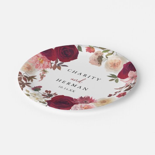 バーガンディーピンク赤面結婚フローラズケーキ ペーパープレート (アングル)