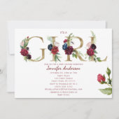 バーガンディーピンク金ゴールドバラベビーガールシャワー 招待状 (正面)