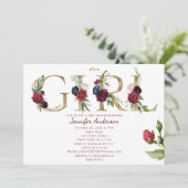 バーガンディーピンク金ゴールドバラベビーガールシャワー 招待状 (スタンド正面)