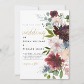 バーガンディーピンク金ゴールド花花束白結婚の 招待状 (正面)