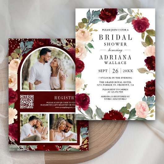 バーガンディーピーチフローラ写真QRコードブライダルシャワー 招待状