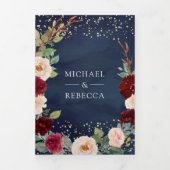 バーガンディーピーチフローラQRコードネイビーブルー結婚ズ 三つ折り招待状 (カバー)