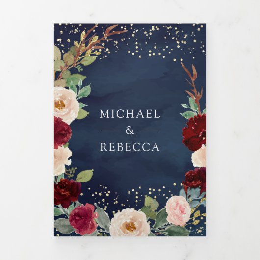 バーガンディーピーチフローラQRコードネイビーブルー結婚ズ 三つ折り招待状 (カバー)